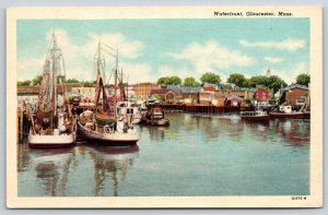 Gloucester Massachusetts~Waterfront Harbor & Sailboats~Vintage Postcard