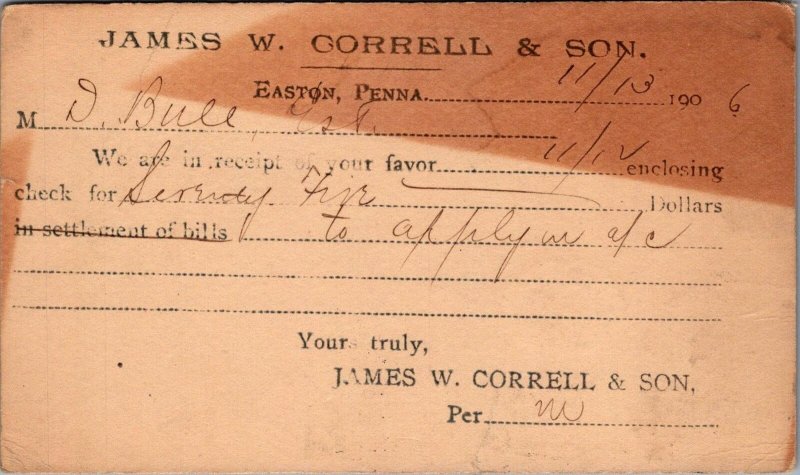 Postcard James W Correll & Son Easton PA 1906