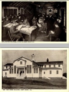 2~Postcards CAMP GRANT IL Illinois YMCA REC ROOM~Servicemen & RED CROSS BUILDING