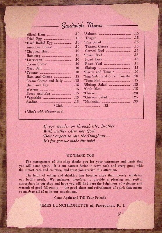 1940s CHIMES LUNCHEONETTE PAWTUCKET RI BREAKFAST A LA CARTE MENU  Z2898