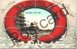 190? OLD ORCHARD ME, The Great Steel Pier, life preserver, postcard  jj043