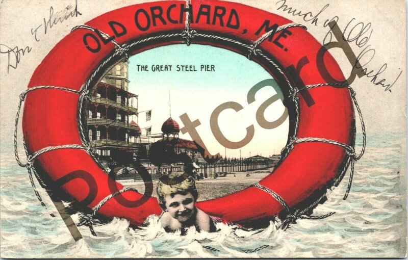 190? OLD ORCHARD ME, The Great Steel Pier, life preserver, postcard  jj043