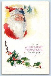 c1910's Christmas Santa Claus Holly Berries Winter Scene Embossed Postcard