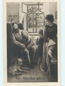 Unused Pre-Linen foreign DOG SITS BESIDE GERMAN FAMILY IN THE HOUSE J5118