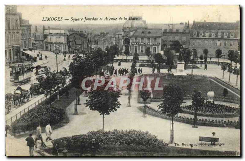 Old Postcard Limoges Jourdan Square and Avenue de la Gare