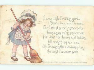 Pre-Linen signed GIRL SWEEPING THE FLOOR HIS MOTHER'S LITTLE HELPER AC1121