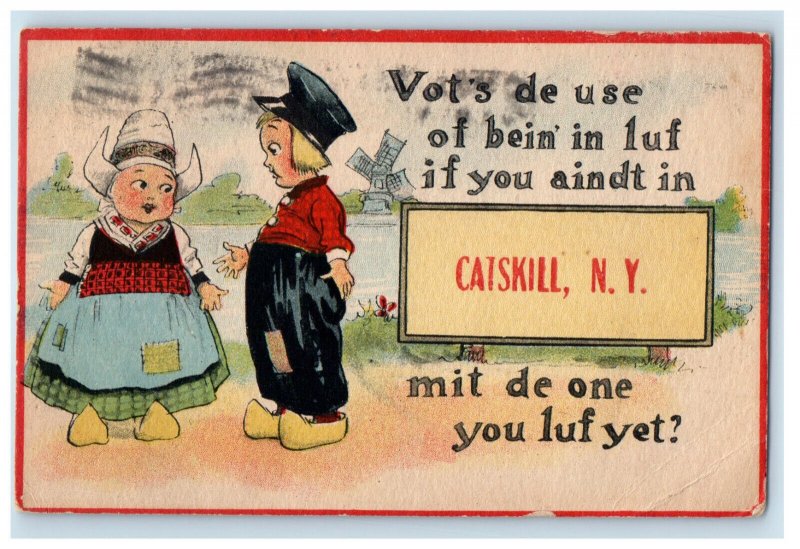 c1910 Dutch Kids Talking Scene, Catskill New York NY Signage Posted Postcard 