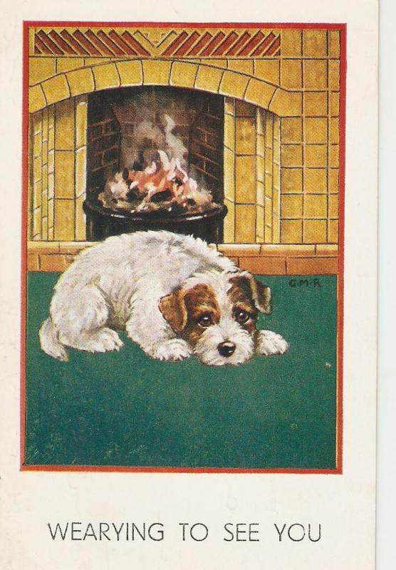 \Dog resting near the fireplace\ Nice greetings postcard