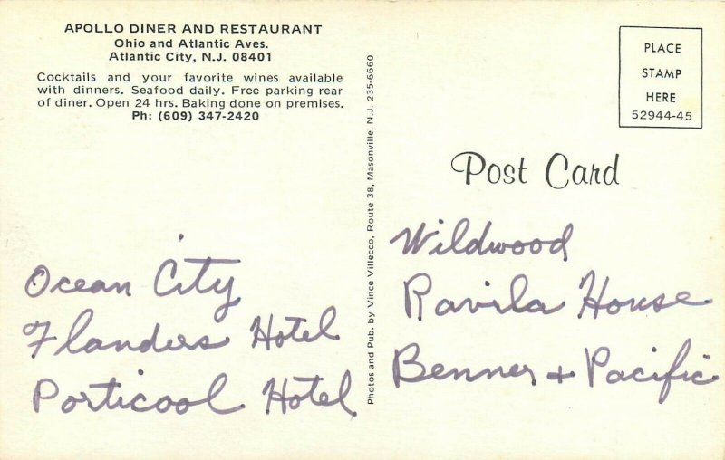 Apollo Diner and Restaurant Atlantic City NJ New Jersey NJ Postcard