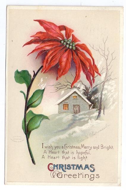 Clapsaddle Vintage Christmas Postcard 1911 Poinsettia Winter Cottage IAP