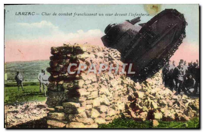 Old Postcard Army Tank Larzac Battle Tank crossing a wall in front of & # 39i...