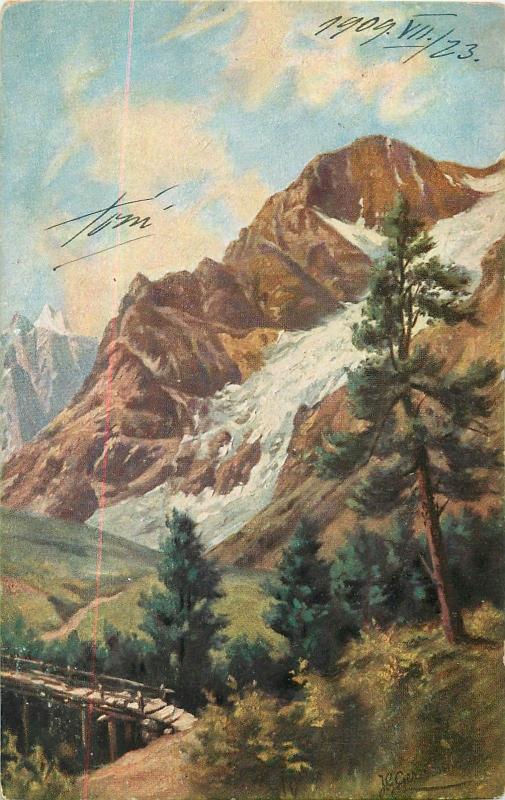 Vintage 1909 postcard artist Hungary mountains landscape