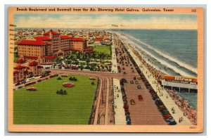 Vintage 1947 Postcard Aerial View Beach, Sea Wall & Hotel Galvez Galveston Texas