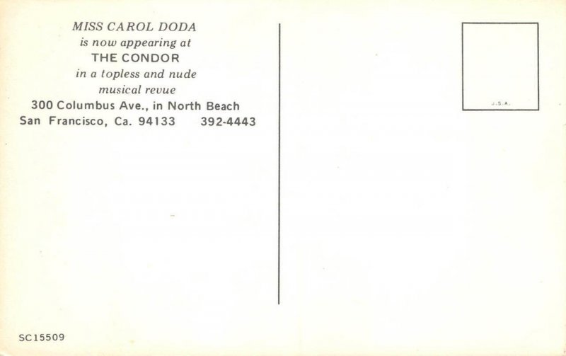 MISS CAROL DODA Topless Nude San Francisco, CA The Condor Risque 1960s Postcard