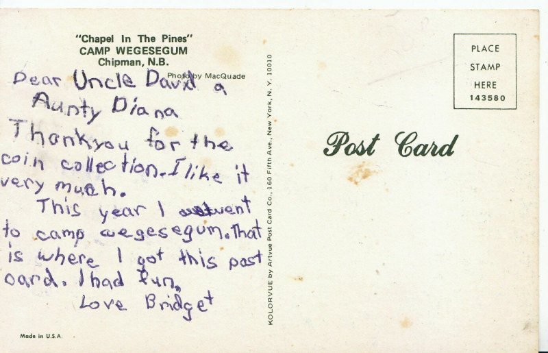 Canada Postcard - Chapel in The Pines - Camp Wegesegum - Chipman - Ref A2706