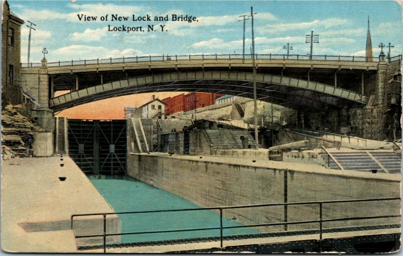 Postcard NY Lockport View of New Lock and Bridge 1915 E1