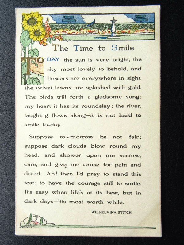 Verse by Wilhelmina Stitch THE TIME TO SMILE - THE SUN IS BRIGHT - Old Postcard