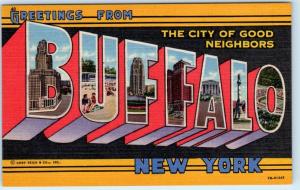 Large Letter Linen  BUFFALO, NEW YORK  NY   Curteich  ca 1940s    Postcard