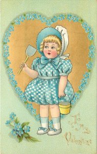 Embossed Valentine Postcard Tuck Dainty Dimples 3 Blonde Girl in Blue w/ Pail