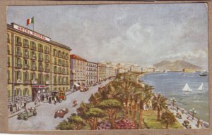 P1334 vintage art postcard unused hotel riviera flag traffic water naples italy