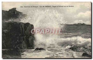 Old Postcard surroundings Paimpol Brehat Island Wave crashing on rocks