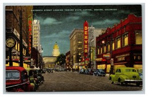Vintage 1930's Postcard Old Cars Driving on Seventeenth Street Denver Colorado