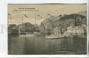 461287 WWI German cruisers at the lighthouse Sailboat on fire Vintage postcard