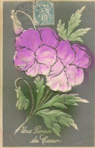 Embossed seasonal floral fantasy greetings purple flower France