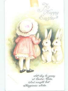 modern Reproduction Easter signed CLAPSADDLE - GIRL LOOKS AT BUNNY RABBIT AB3668