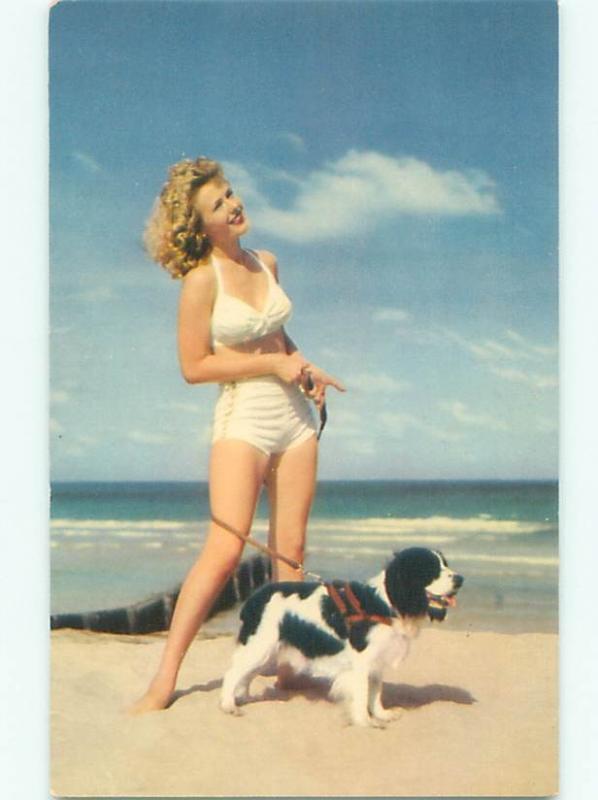 Pre-Linen Risque BIKINI GIRL WALKING HER DOG ON THE BEACH AB7148