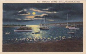 Illinois Waukegan Moonlight On Lake Michigan 1942 Curteich