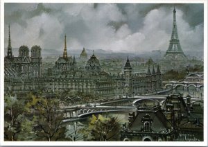 Postcard France Paris panoramic vue 1981 art by  Maurice Legendre