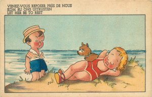 Postcard Comic french couple at the beach with dog