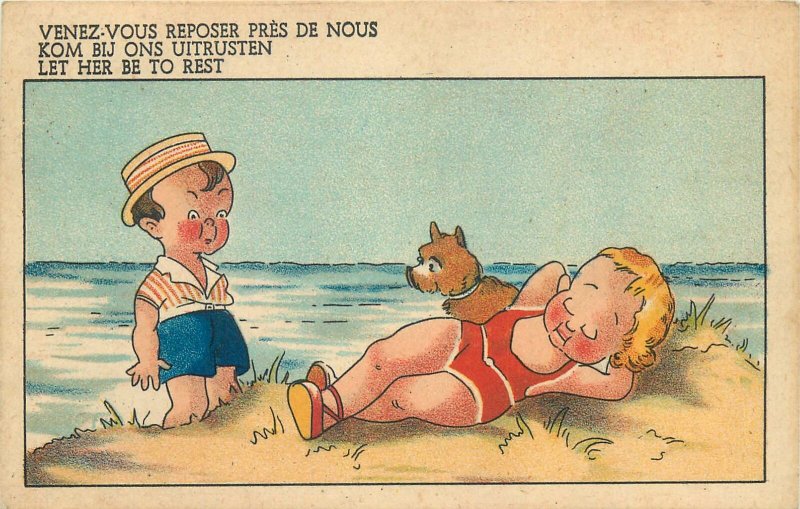 Postcard Comic french couple at the beach with dog