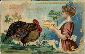 Thanksgiving Turkey and Woman with Patriotic Hat c1910 Vintage Postcard