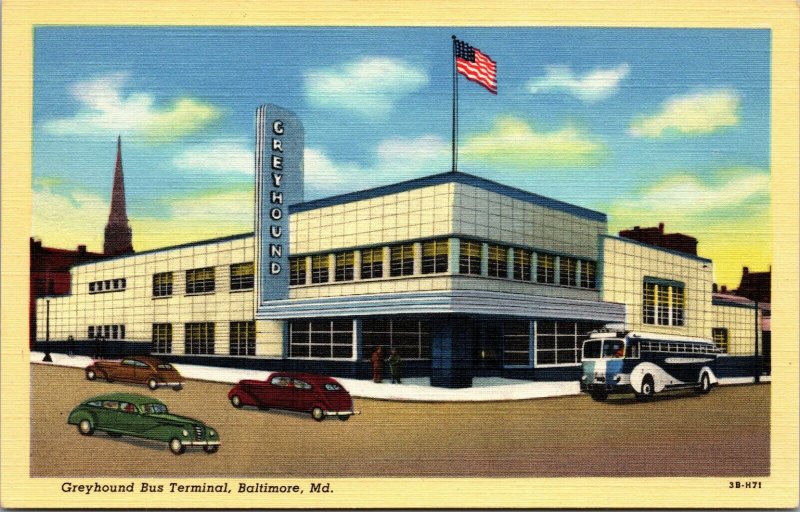 Baltimore Maryland MD 1940s Postcard Greyhound Bus Terminal Cars