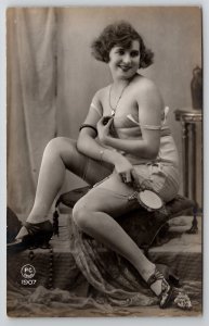 RPPC Risque Woman Lingerie Garter Belts Stockings Mirror Real Photo Postcard L37