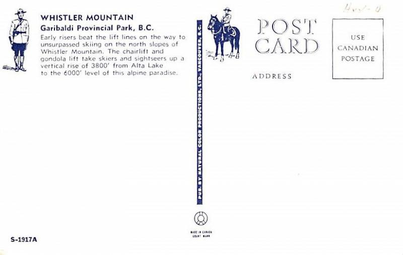 Whistler Mountain, Garibaldi Provinical Park, B.C. Canada Unused 