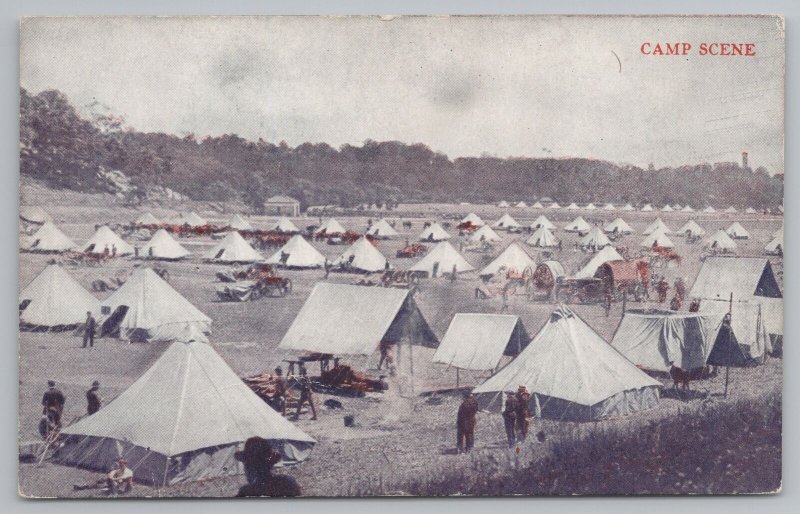 Military~WWI~Camp Scene Showing Tents~Men In Civilian Suits Observe~Vintage PC