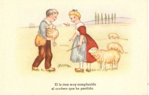 Boy and girl, little shephers with their lambs Nice vintage Spanish postcard