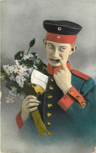 WWI Era Postcards 2 Pictures Goofy Shy French Soldier With Letter and Flowers