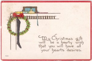 My Christmas Gift To You, Stocking, Holly Wreath, Antique 1913 Embossed Postcard