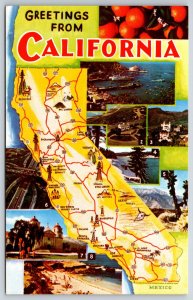 State Map~Greetings From California~Bakersfield~Fresno~Redwoods~Vintage PC
