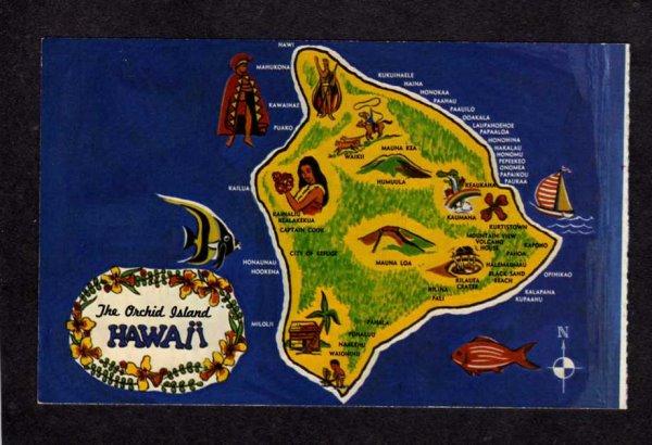 HI State Map of Island Hawaii Postcard Milolii,Kalapana,Humuula,Waikii, Hookena