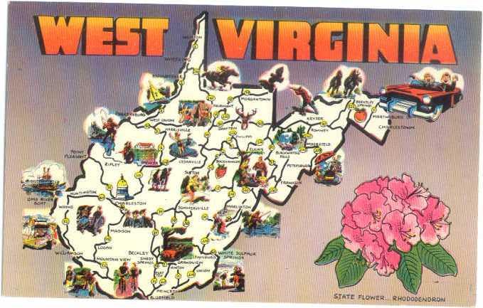 Greetings from West Virginia Map Card WV  Bedford PA on back