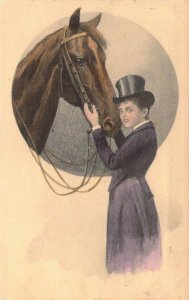 c.1905, Beautiful Horse,  Woman in Top Hat, European, Old Postcard