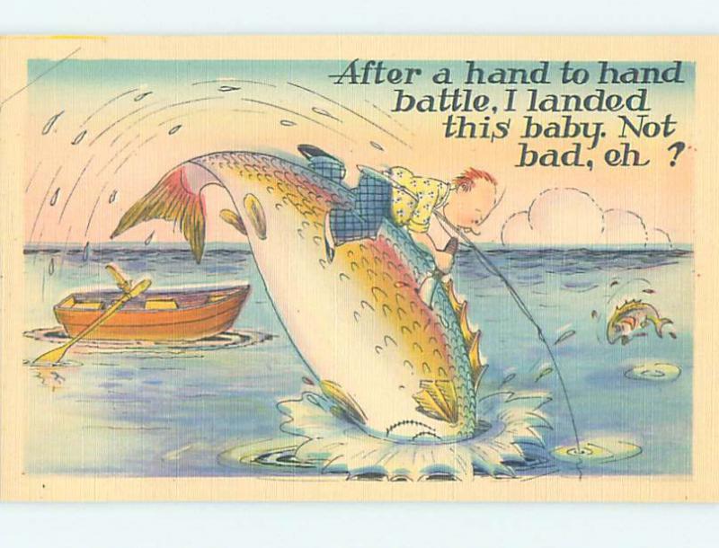 Unused Linen FISHING EXAGGERATION -MAN STABS HUGE FISH WITH KNIFE n0420