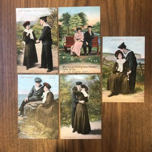 Lot Of 5 :  (4) JACK'S COURTSHIP & (1) TOMMY POSTCARD PC VINTAGE LOVE ROMANCE