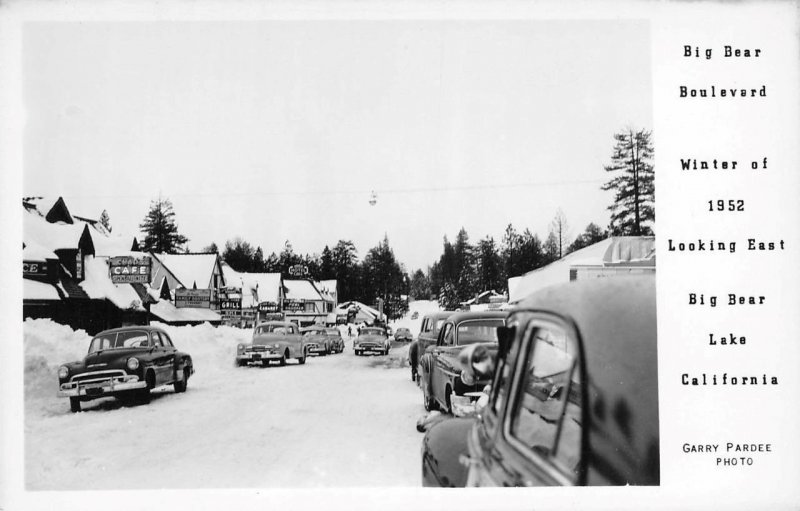 RPPC BIG BEAR LAKE, CA Boulevard Winter 1952 Street Scene Vintage Photo Postcard