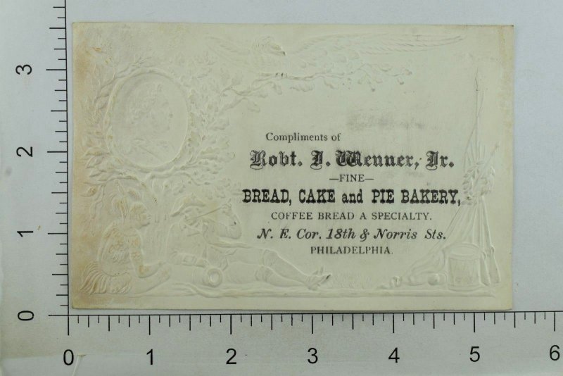 1870's Embossed Robt. D. Menner Jr. Bakery George Washington Rev. War Eagle &O 